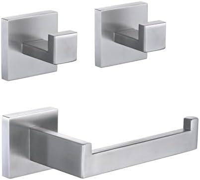 Toilet Paper Holder Set with 2 Square Robe Hooks, Brushed Nickel by Unknown