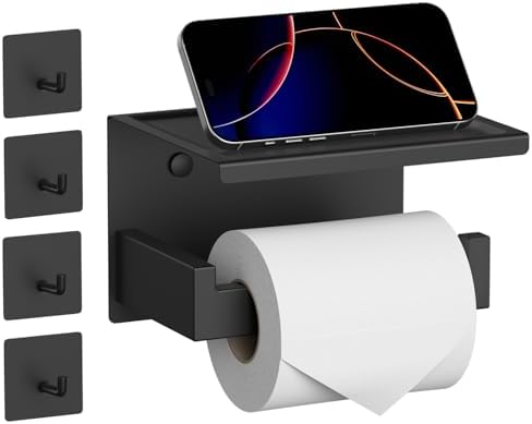HITSLAM Toilet Paper Holder 4 Hooks Matte Black, Adhesive Mount, No Rotation by HITSLAM
