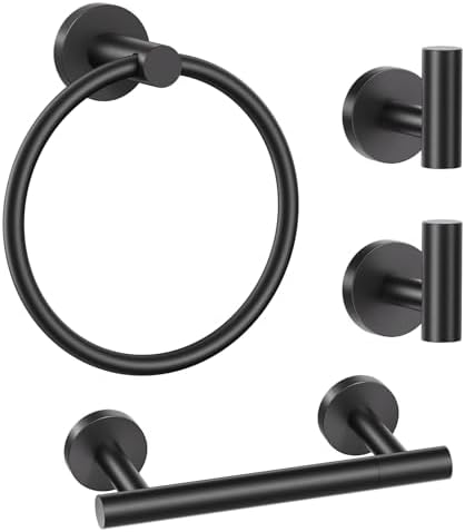 Matte Black Bathroom Hardware Set, Toilet Paper Holder, Towel Ring & Hooks by LairuierBathroomHardwareSet