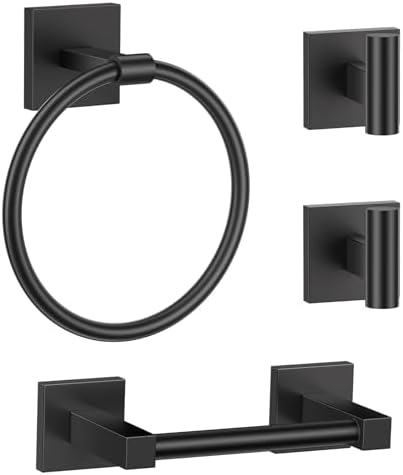 Matte Black Bathroom Accessories, Toilet Paper Holder, Towel Ring & Hooks by LairuierBathroomHardwareSet
