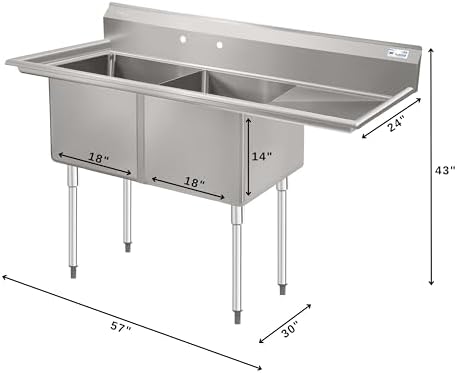 KoolMore 57 in. 18-Gauge 2-Compartment Commercial Sink - Image 3