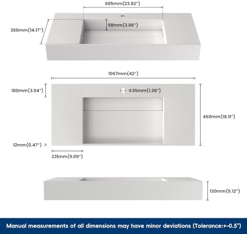 42" x 18" Wall Mount Sink, Stone Resin Rectangular Bathroom Sink - Image 6