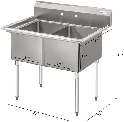 KoolMore 42 in. 18-Gauge 2-Compartment Commercial Sink - Image 3