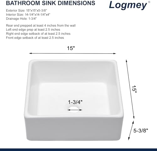 Logmey 15x15 Small Square White Vessel Sink, Smooth Glaze & Durable Porcelain - Image 4