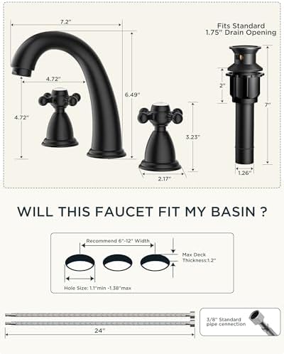 FORIOUS Bathroom Faucet 3 Hole 8 Inch Widespread Sink Faucets Matte Black - Image 2