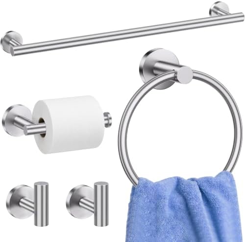 5 Pieces Bathroom Hardware Accessories Set Brushed Nickel, 24Inch Round Towel by Delarkusi
