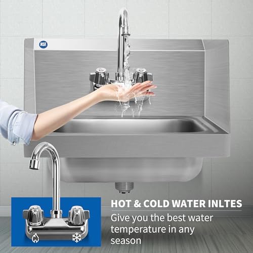 BIEAMA NSF 17" x 15" Hand Sink, Stainless Steel Wall Mount, Side Splashes - Image 4