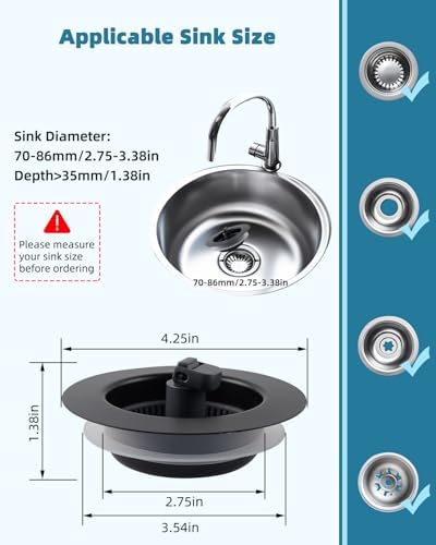 Universal 3 in 1 Kitchen Sink Drain Strainer Stopper Combo, Matteblack - Image 3