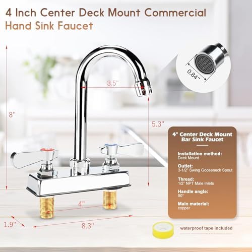 Commercial Bar Sink Faucet 4 Inch Center Deck Mount 3-1/2" Gooseneck Spout - Image 3