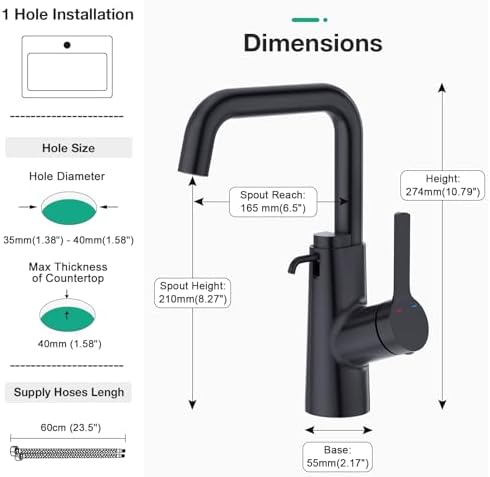 CREA Kitchen Faucets with Soap Dispenser, 360° Swivel Straight Spout Black Bar - Image 6