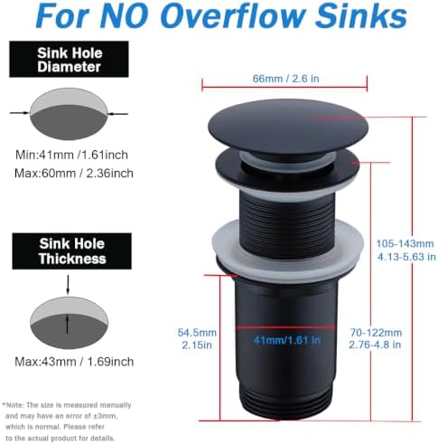Matte Black Pop Up Sink Drain Without Overflow, SWHYGER Black Sink Drain Kit - Image 4