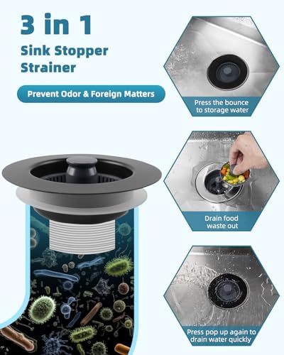 Universal 3 in 1 Kitchen Sink Drain Strainer Stopper Combo, Matte Black - Image 4