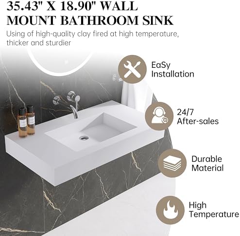 47"X19" Wall Mount Sink without Hole, Stone Bathroom Sink - Image 5