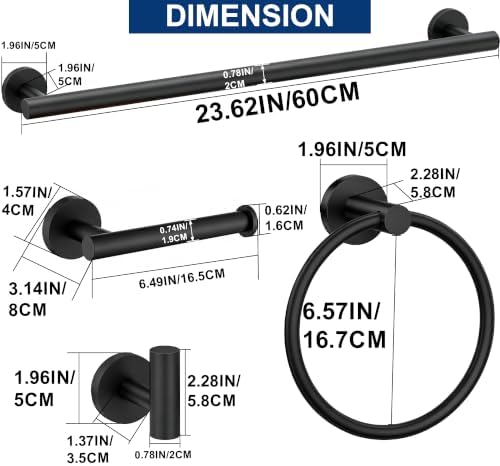 5 Pieces Bathroom Hardware Accessories Set Matte Black, 24Inch Round Towel - Image 7
