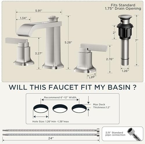 FORIOUS Bathroom Faucet 3 Hole Widespread Sink Faucets Brushed Nickel - Image 2
