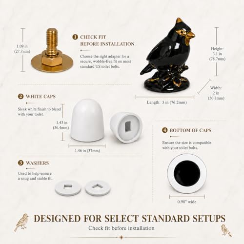 Bird Ceramic Toilet Bolt Covers Decorative Black, Set Over Install 2 Pack - Image 4