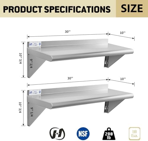 Hally Stainless Steel Shelf 2 Pack Wall Mounted Metal Shelves 10"x30" NSF - Image 3