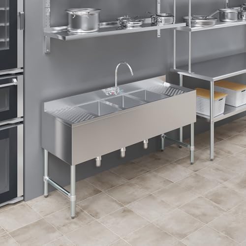AmGood 60 in. x 19 in. Three Bowl Commercial Underbar Sink - Image 6