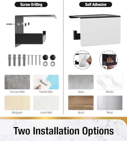 HITSLAM Toilet Paper Holder Matte Black, Adhesive Wall Mount, No Rotation - Image 7
