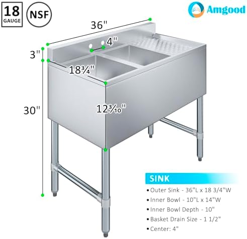 AmGood 36 in. x 19 in. Two Compartment Under Bar Sink - Image 3