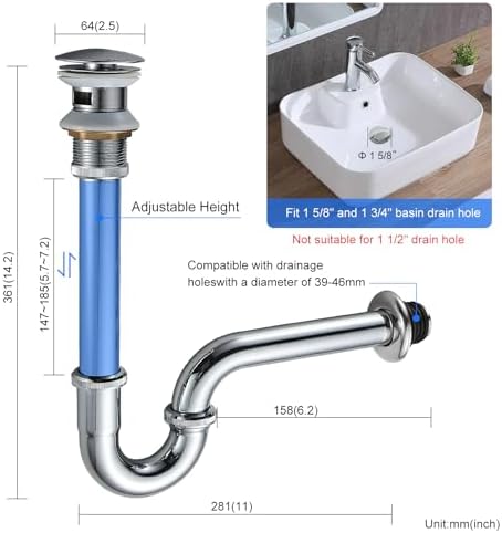 1-1/4" U-Shape Bottle Trap Overflow Drain Kit Stainless Steel Chrome - Image 6