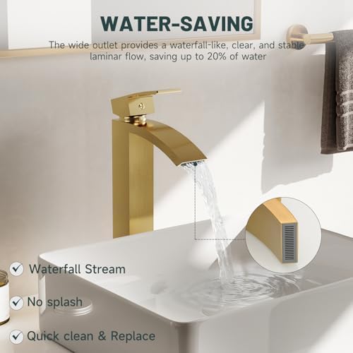 Brushed Gold Vessel Sink Faucet, Waterfall Bathroom Faucets - Image 6