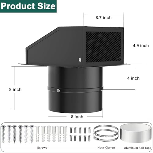 8 Inch Hooded Wall Vent with Screen and Damper, Outdoor Wall Exhaust Vent Cover - Image 2