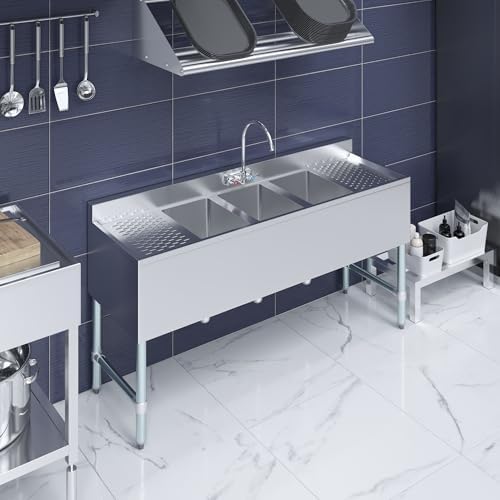 AmGood 60 in. x 19 in. Three Bowl Commercial Underbar Sink - Image 5