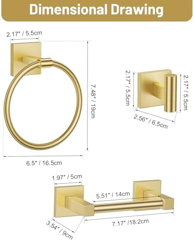 Brushed Gold Bathroom Accessories, Toilet Paper Holder, Towel Ring & Hooks - Image 7