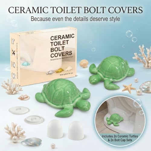 Green Sea Turtle Ceramic Toilet Bolt Covers 2-Pack, Decorative Bathroom - Image 3