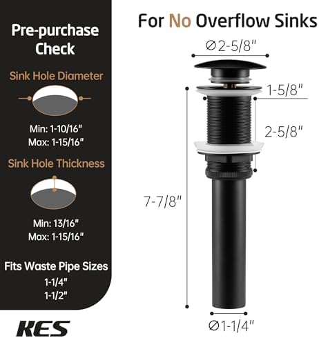KES Black Sink Drain Without Overflow, Bathroom Sink Stopper, Pop Up Drain - Image 5