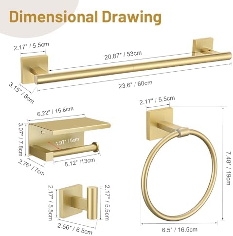 Lairuier Bathroom Hardware Set Brushed Gold, Towel Holder Set Wall Mounted - Image 7