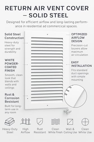 10 x 12 Inch Return Air Vent Cover, Solid Steel HVAC Grille - Image 3