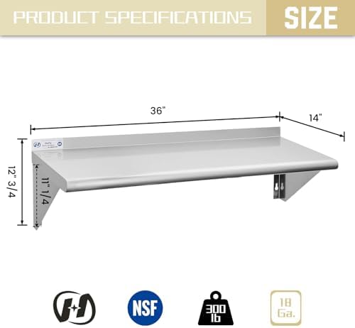 Hally Stainless Steel Shelf 14"x36" NSF Commercial Wall Mount Rack Shelving - Image 3