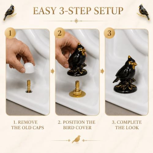 Bird Ceramic Toilet Bolt Covers Decorative Black, Set Over Install 2 Pack - Image 5