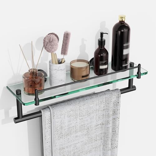 Bathroom Towel Rack with Tempered Glass Shelf 16 Inch, Matte Black Floating by HOMELIFE
