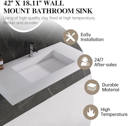 42" x 18" Wall Mount Sink, Stone Resin Rectangular Bathroom Sink - Image 2