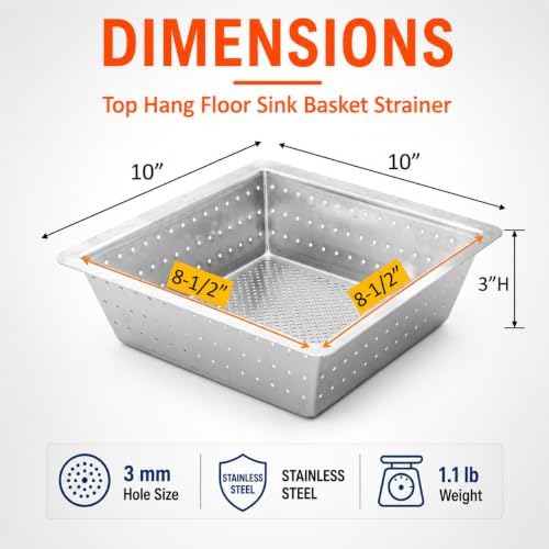 Leyso Stainless Steel Floor Sink Basket 10" x 10" Top-Hang Strainer - Image 3