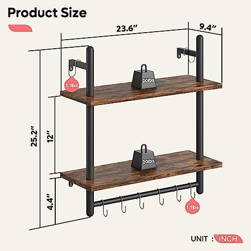 Bestier 24" 2 Tier Industrial Pipe Wall Shelf - Image 2