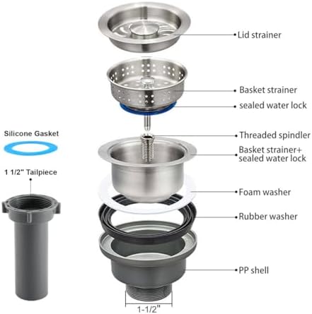 3-1/2'' Kitchen Sink Drain Kit Sink Drain Basket Sink Drain Assembly 304 - Image 3