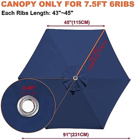 EliteShade USA 7.5FT Replacement Covers 6 Ribs Market Patio Umbrella Canopy - Image 3