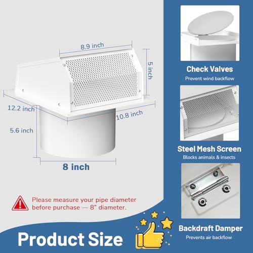 8 Inch Dryer Vent Cover Outside, Galvanized Steel Exterior Hooded Wall Vent - Image 2