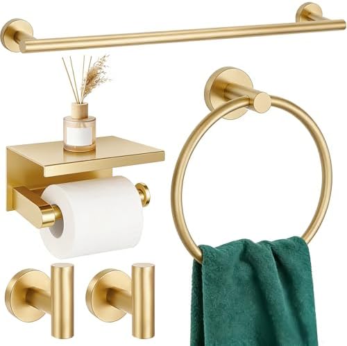 5 Pieces Bathroom Hardware Accessories Set Brushed Gold, 24Inch Bathroom Towel by Delarkusi