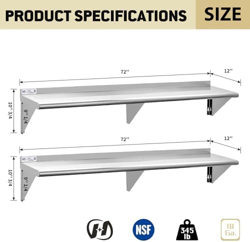 Hally Stainless Steel Shelf 2 Pack Wall Mounted Metal Shelves 12"x72" NSF - Image 3