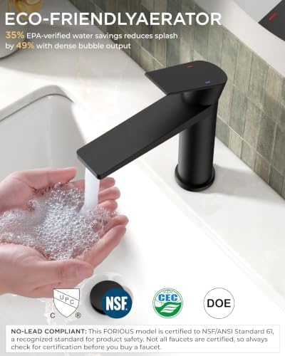 FORIOUS Single Hole Bathroom Faucet Black Matte, Commercial Faucet - Image 3