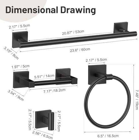 Lairuier Matte Black Bathroom Accessories, Towel Bar Set Wall Mounted - Image 7