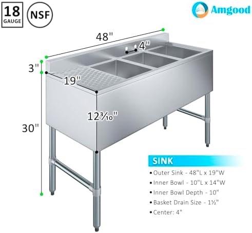 AmGood 48 in. x 18-3/4 in. Three Compartment Under Bar Sink - Image 3
