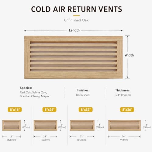 WELLAND® 8 Inch x 16 Inch Red Oak Hardwood Register Cold Air Return Wall Vent - Image 7