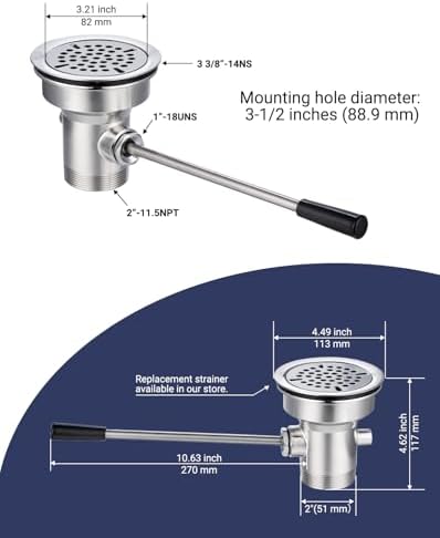 3-1/2" Commercial Sink Drain NO-Overflow, Lever Handle Waste Drain Valve - Image 4