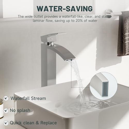 Brushed Nickel Vessel Sink Faucet, Waterfall Bathroom Faucets - Image 6